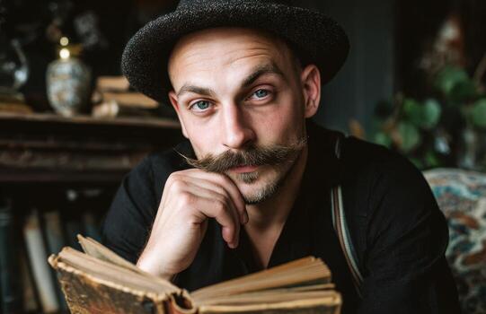 Man with handlebar mustache reading old book photo