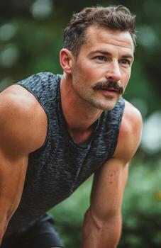 Man athlete with mustache resting after exercising outdoors photo
