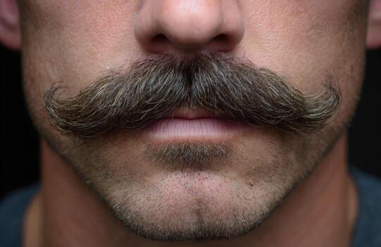Man growing handlebar mustache displaying facial hair grooming photo