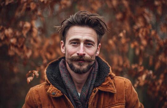 Stylish man with handlebar mustache in autumn setting photo