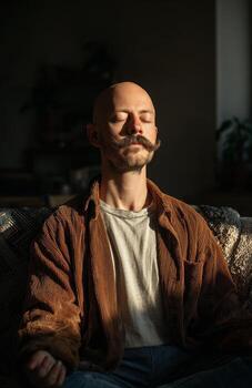 Bald man with mustache meditating, finding deep relaxation and calm photo