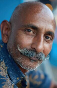 Indian man with bald head and gray mustache looking at viewer photo