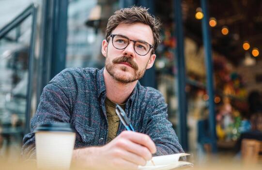 Man thinking and writing in coffee shop photo