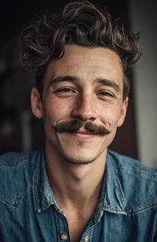 Young man with handlebar mustache smiling photo