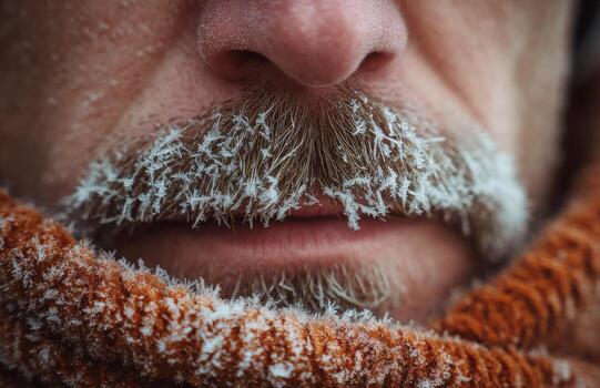 Man experiencing extreme cold with frozen mustache and scarf photo