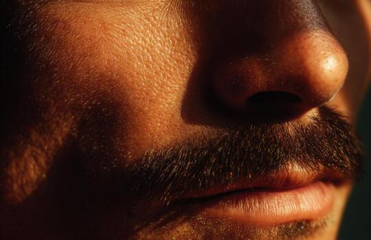 Man with mustache close-up showing skin texture in sunlight photo
