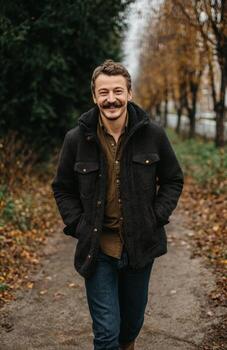 Smiling man with mustache walking on autumn park path photo