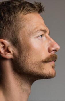 Handsome man side profile with mustache and beard looking up photo