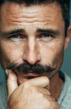 Mature man with mustache contemplating posing in studio photo