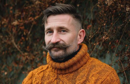 Man with impressive mustache posing in cable-knit sweater photo