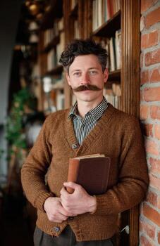 Man with mustache holding book in old library photo