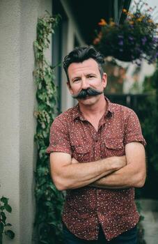 Confident man with handlebar mustache standing outdoors photo