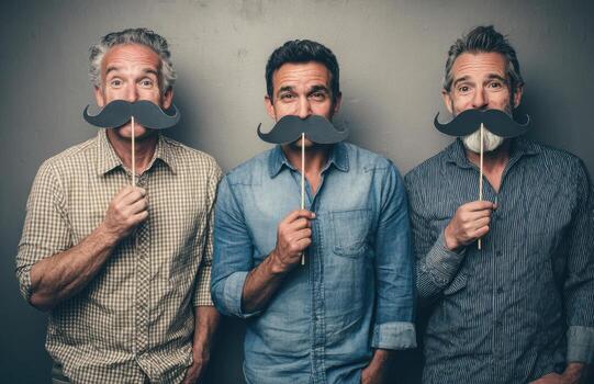 Group of men holding funny mustache props for movember photo