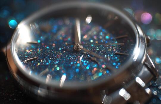 Wristwatch displaying a glittery blue dial resembling a galaxy photo