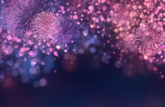 Bright fireworks exploding over bokeh particle background photo