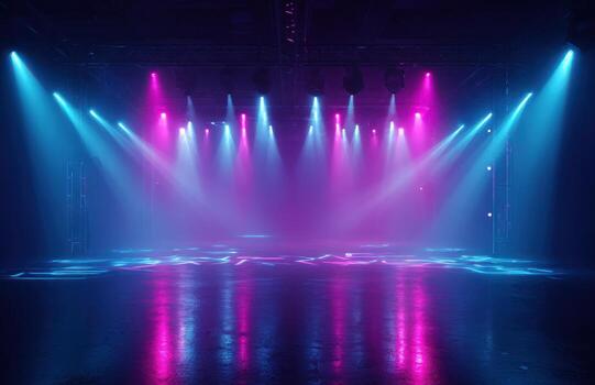 Empty stage preparing for concert performance with spotlights photo