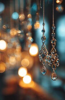 elegante oro pendientes con gemas colgando en contra bokeh foto