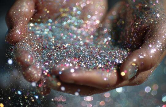 Hands holding sparkling colorful glitter creating magic effect photo