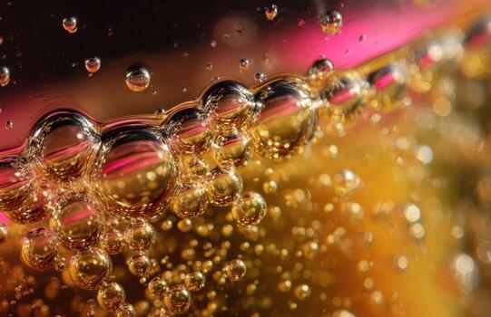 Golden liquid bubbles creating abstract macro texture with pink background photo