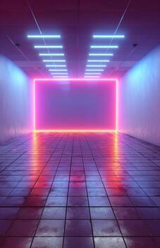 Futuristic neon glowing hallway leading to portal photo