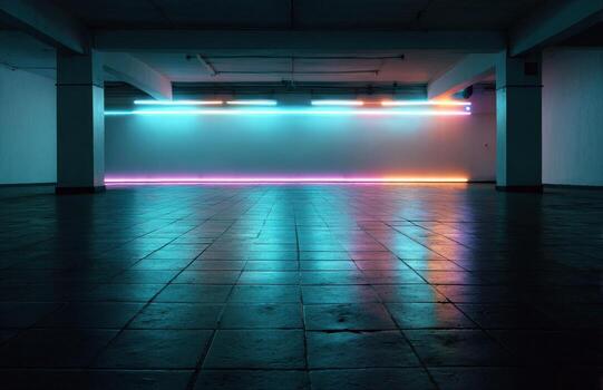 Empty underground room with futuristic neon light installation photo
