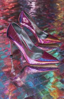 Pink iridescent snakeskin high heels on colourful background photo