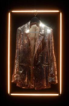 Sequined jacket hanging inside a neon light frame photo