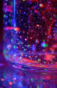 Abstract glowing liquid with colorful glitter and bubbles photo
