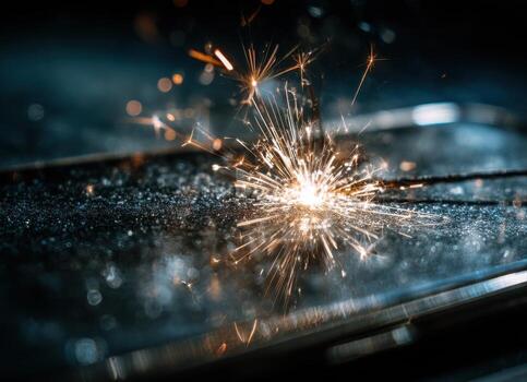 Light sparks igniting on dark gritty surface photo