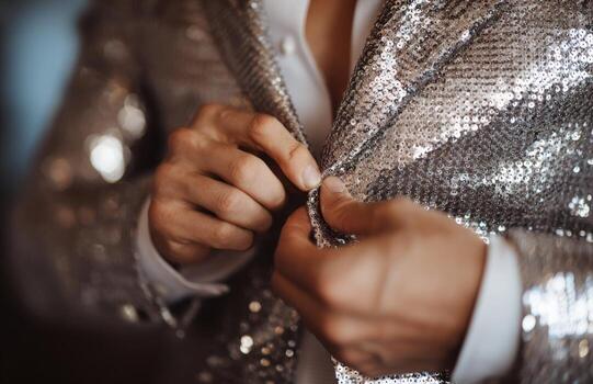 Man buttoning shiny sequin jacket preparing for celebration photo