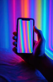 Hand holding smartphone displaying colorful neon light spectrum photo