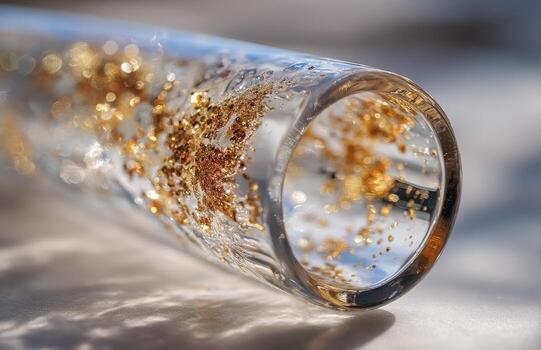 Glass tube filled with golden glitter creating bokeh photo