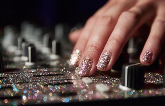Dj hand mixing music on sparkling console photo