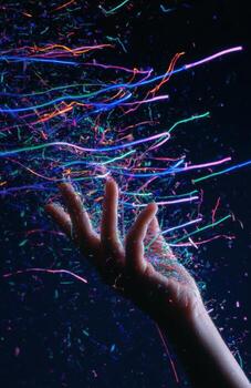 Hand projecting colorful neon light trails and glitter photo