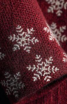 Red knitted sweater fabric featuring white snowflake pattern photo
