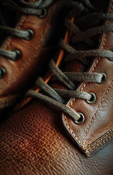 Brown leather boot close-up showing shoelaces and texture photo