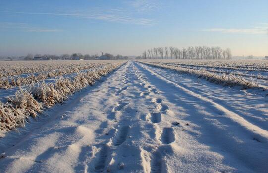 Footprints leading rural path through winter snow field photo