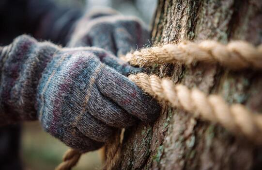 Hands in gloves tying rope around tree trunk photo