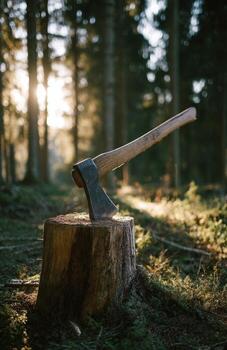 Axe embedded in tree stump in forest at sunset photo