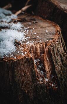 Tree stump wood showing fresh snow texture in winter photo