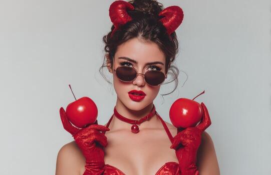 Seductive devil woman holding red apples for temptation photo