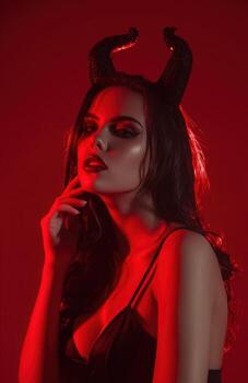 Seductive woman wearing devil horns tempting with red light photo