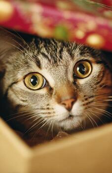 Curious tabby cat peeking out from box photo