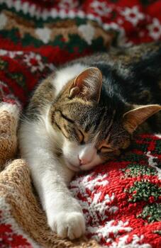 Sleeping cat finding comfort on colorful knitted blanket photo