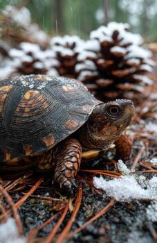 Tortuga caminando mediante nieve cubierto bosque piso foto