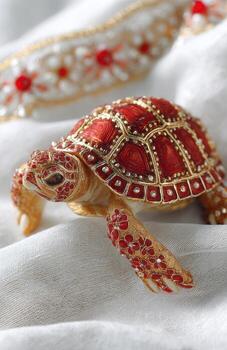 Jeweled turtle figurine with red enamel and gold photo