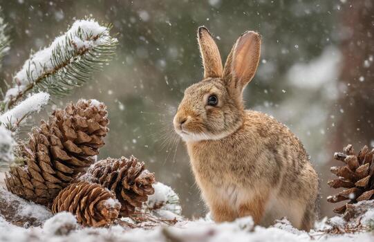 Wild rabbit finding food during winter snowstorm photo