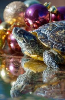 Turtle watching christmas ornaments reflecting on mirrored surface photo
