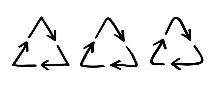 Set of hand drawn recycle arrow icon Recycling resources symbol Reuse of materials, zero waste, green environment, saving the planet natural cycle vector