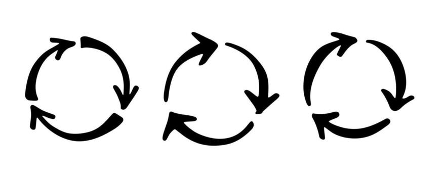 Set of hand drawn recycle arrow icon Recycling resources symbol Reuse of materials, zero waste, green environment, saving the planet natural pollution vector